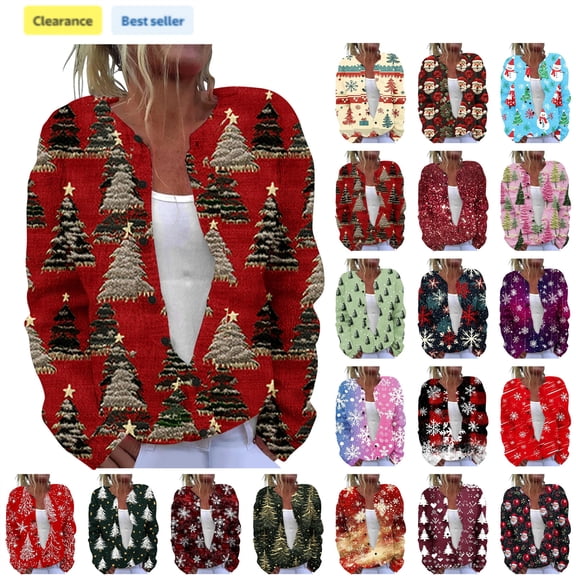 QATAINLAV Multicolor Women's Lightweight Sweaters Casual Button Up Long Sleeve Christmas Cardigans Funny Graphic Knit Sweater Tops, L