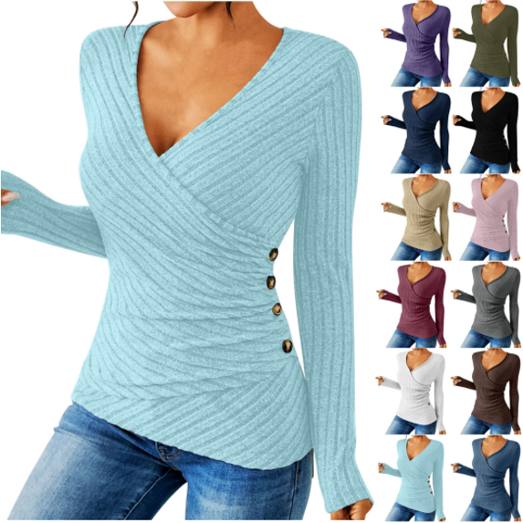 QATAINLAV Navy Lightweight Sweater for Women Casual Deep V Neck Long Sleeve Tops Ribbed Knit Button Cross Wrap Pullover