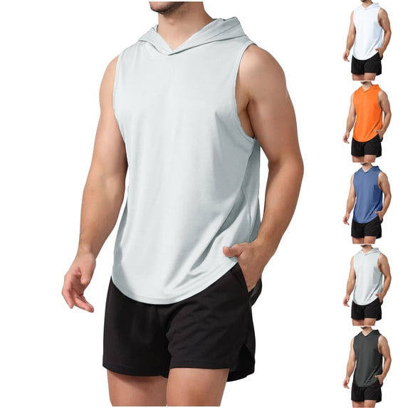 QATAINLAV Navy Men's Hooded Tank Tops Gym Workout Sleeveless Hoodies Solid Casual Summer Vest Muscle Tee Shirts L