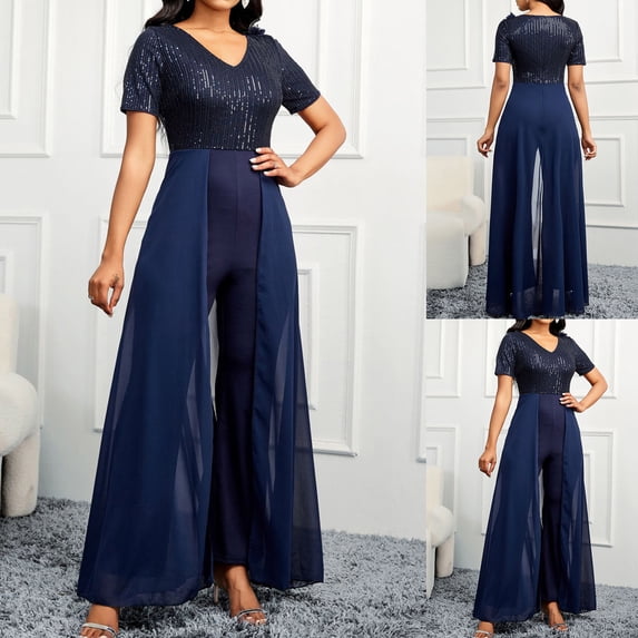 QATAINLAV Navy Mother of The Bride Jumpsuit for Women Casual V Neck Sequin Glitter Overalls Loose Wide Leg Long Romper with Mesh Patchwork Party Outfits L