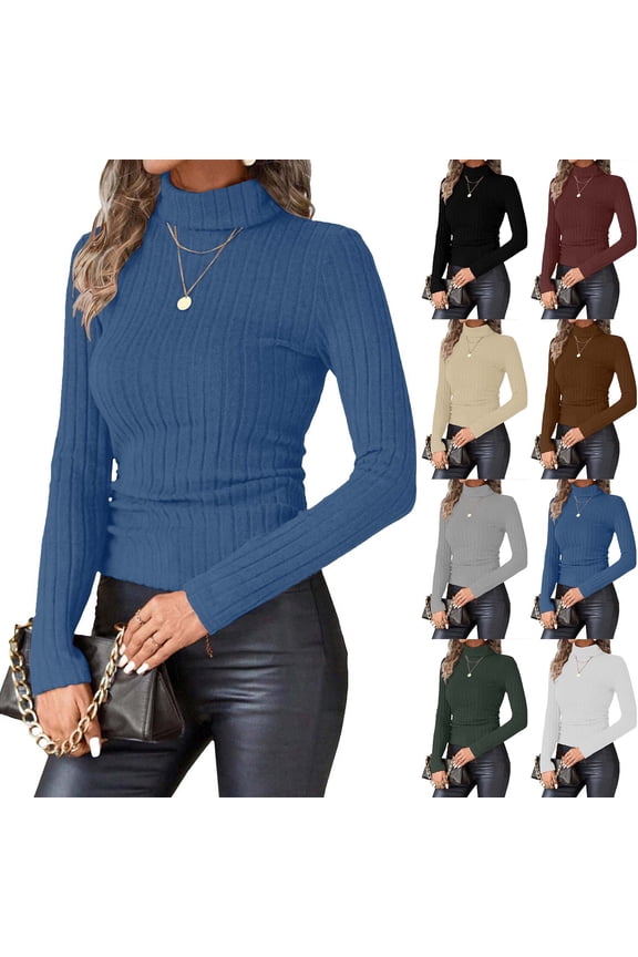 Navy Women's Long Sleeve Mock Turtleneck Tops Soft Comfy Ribbed Knit Undershirts Solid Color Slim Casual Shirts