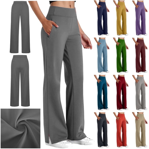 QATAINLAV Navy Yoga Dress Work Pants for Women Stretch Business Casual Office Slacks with Pockets High Waisted Wide Leg Side Slits Pull On Trousers L