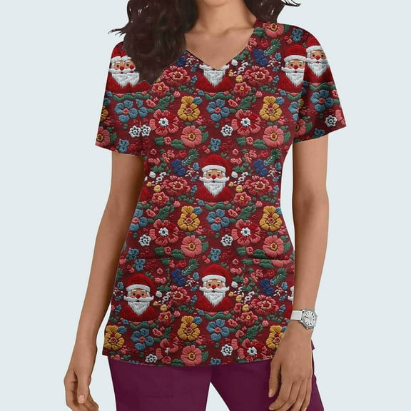 QATAINLAV Novelty Christmas Scrubs for Women Funny Cute Xmas Print Short Sleeve V Neck Nursing Scrub Tops Holiday Medical Working Uniform Scrubs Shirt with Pockets Today's Deals Wine XXL