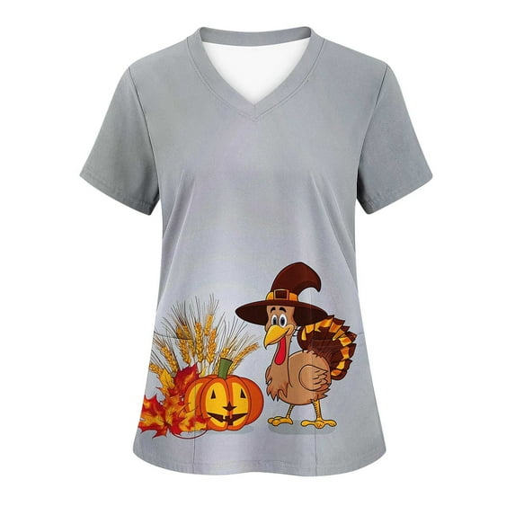 QATAINLAV Novelty Thanksgiving Scrubs for Women Holiday Scrub Tops Turkey Printed Short Sleeve V Neck Medical Nursing Working Uniform Blouse with Pockets Multicolor#1 XL