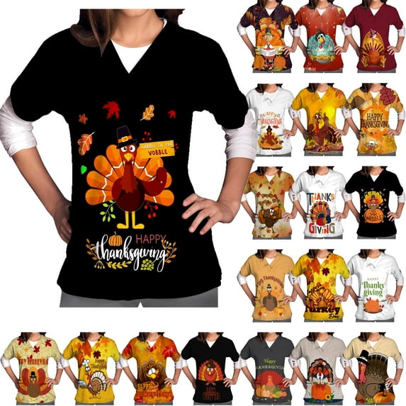 QATAINLAV Novelty Thanksgiving Scrubs for Women V Neck Short Sleeve Turkey Printed Scrub Tops Holiday Nursing Working Uniform Blouse Thankful Grateful Gift Lightning Deals of Today Prime Wine XXL
