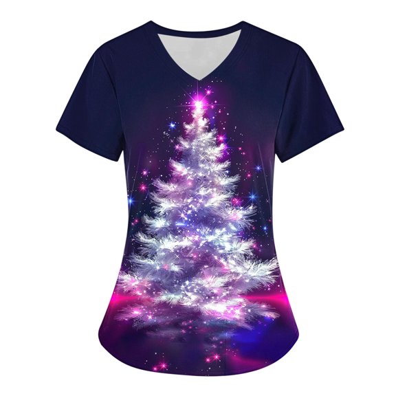 QATAINLAV Nursing Scrub Tops for Women Shiny Christmas Tree Scrubs Short Sleeve V Neck Stretch Medical Scrub Shirts Xmas Holiday Working Uniform Blouse with Pockets Cyber and Monday Deals Purple L