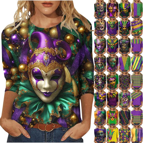 QATAINLAV Ofertas Flash Carnival Costume 3/4 Sleeve Spring Shirt Daily Tee Mask Print Blouse Mardi Gras Round Neck 2025 Tee Dressy Tunic Multicolor M