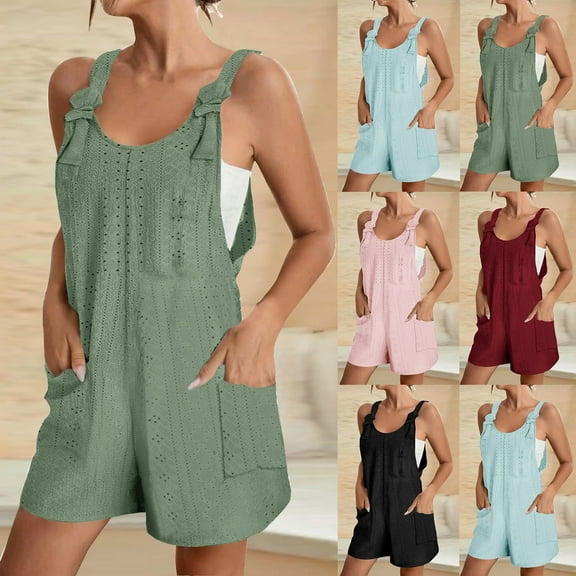 QATAINLAV Ofertas Flash Del Dia Rompers for Women Summer Casual Sleeveless Adjustable Strap Knot Shorts Overalls Loose Comfy Eyelets One Piece Jumpsuits with Pockets Purple XL