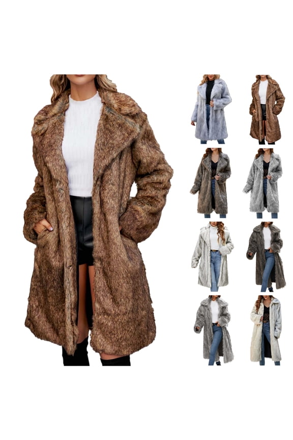 Women's Fashion Winter Coats Fuzzy Fleece Long Sleeve Lapel Jackets Open Front Faux Fur Warm Long Cardigans Outerwear, Brown, L