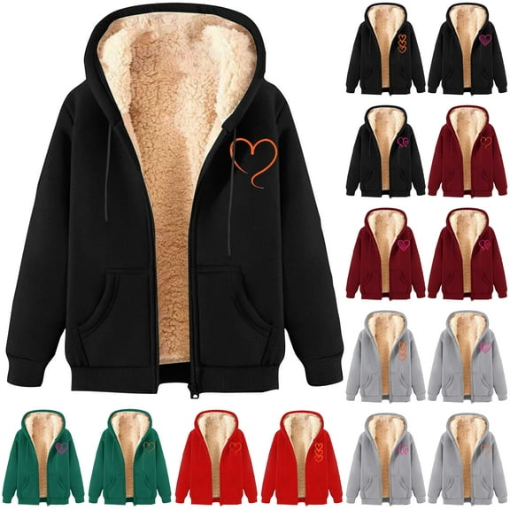 QATAINLAV Ofertas Flash Fleece Jackets for Women Casual Zip Up Sherpa Lined Hoodies Trendy Letter Graphic Print Hooded Sweatshirt Coats Black XL