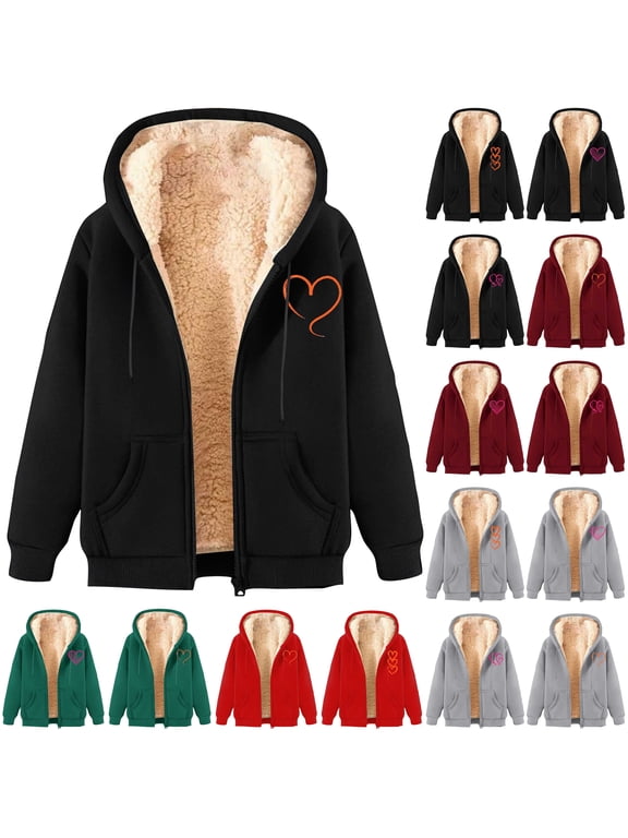 Ofertas Flash Fleece Jackets for Women Casual Zip Up Sherpa Lined Hoodies Trendy Letter Graphic Print Hooded Sweatshirt Coats Black XL