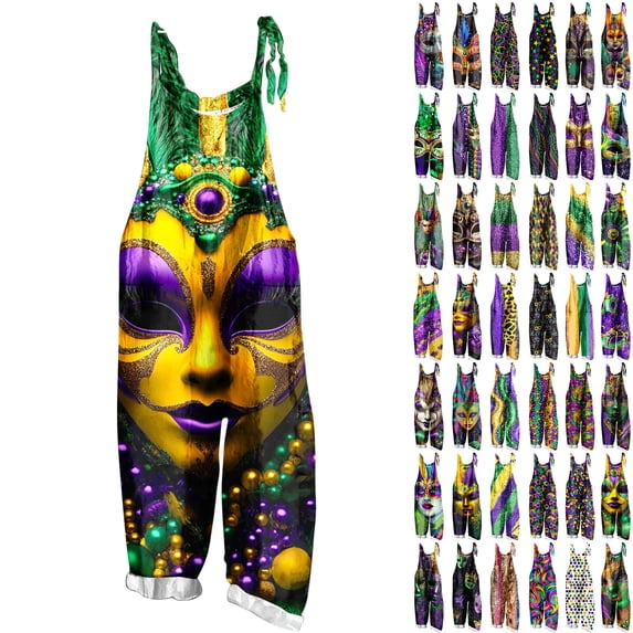QATAINLAV Ofertas Flash Wide Leg Jumpsuits for Women Mardi Gras Loose Fit One Piece Jumper Pants Adjustable Straps Cotton Linen Romper Fashion Mask Print Overalls Multicolor XXXXXL