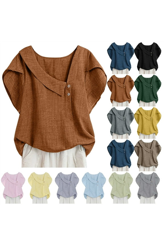 Ofertas Relampago de Hoy! Petal Sleeve Cotton Linen Shirts for Women Loose Skew V Neck Button Blouses Summer Casual Dressy Tunic Tops Yellow XL