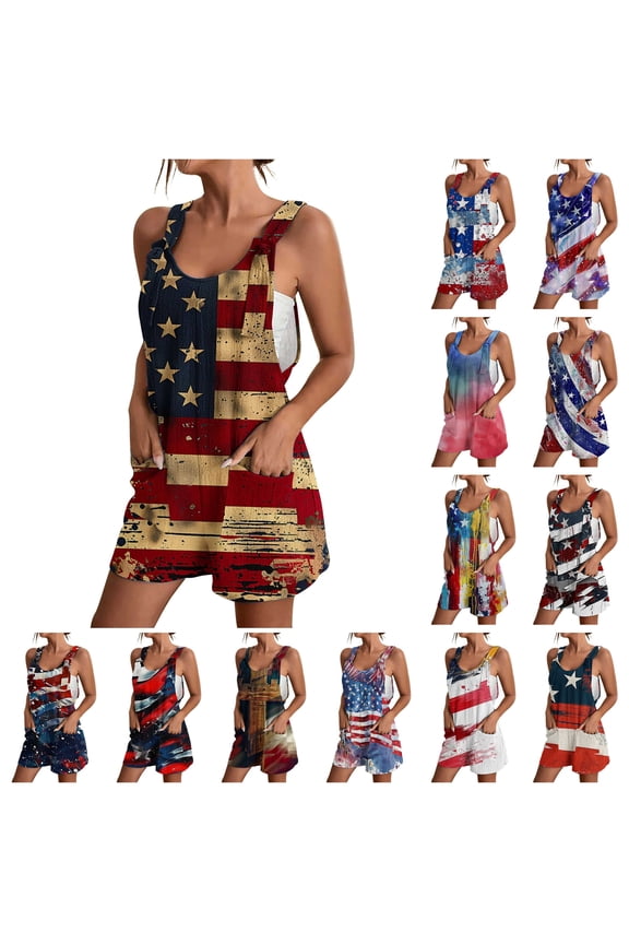 Ofertas en Walmart! Rompers for Women Dressy Summer Linen Casual Sleeveless Onesie Shorts 4th of July American Flag Patriotic Short Jumpsuit with Pocket Blue XL