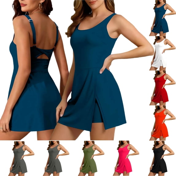 QATAINLAV One Piece Swimdress Swimsuit for Women Tummy Control Split Rompers Swim Dress Skirt Bathing Suit with Pockets Red S