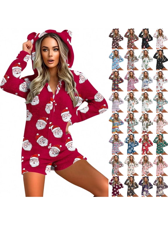 Onesie Pajamas for Women Adult Sherpa Fleece Short Jumpsuit Cute Ear Furry Plush Hooded Romper Christmas Gifts, Red, XL