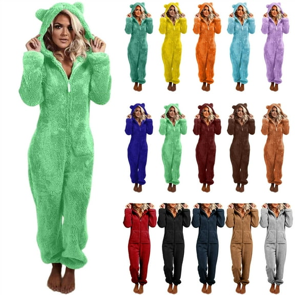 QATAINLAV Onesie Pajamas for Women Zip Up Plush Fleece Warm Jumpsuit Sleepwear Winter Cute Ear Hooded Fuzzy Lounge Romper Pjs, Blue, XXL