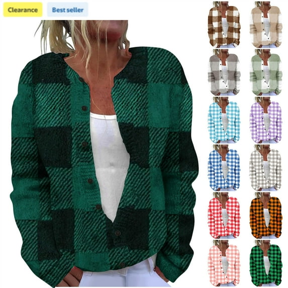 QATAINLAV Orange Sweaters for Women Long Sleeve Button Down Knit Cardigans Christmas Plaid Open Front Jackets Going Out Tops, L