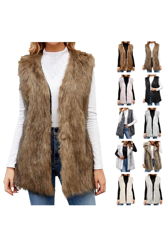 Faux Fur Jackets for Women Winter Soft Shaggy Sleeveless Vest Jacket Thicken Warm Fuzzy Fleece Lapel Winter Coats, Brown, M