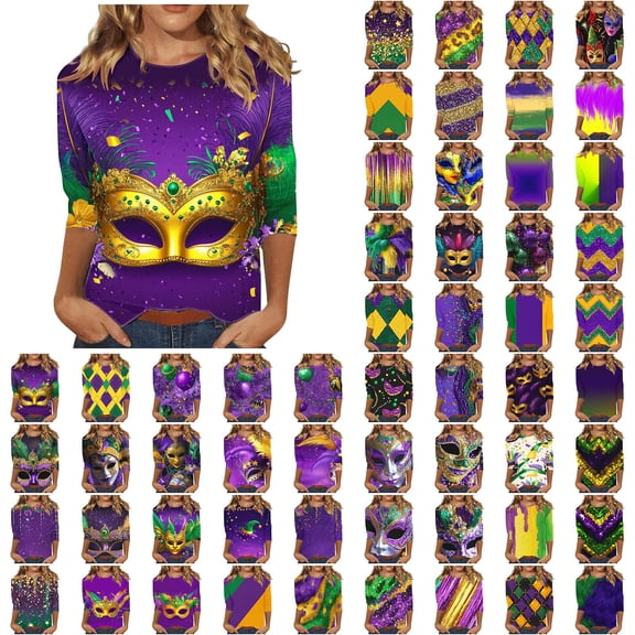 QATAINLAV My Orders Placed By Me Mardi Gras Printed Shirts for Women Fashion 3/4 Sleeve Crewneck Mask Graphic Tee Blouses Funny Parade Party Tunic Tops Purple L