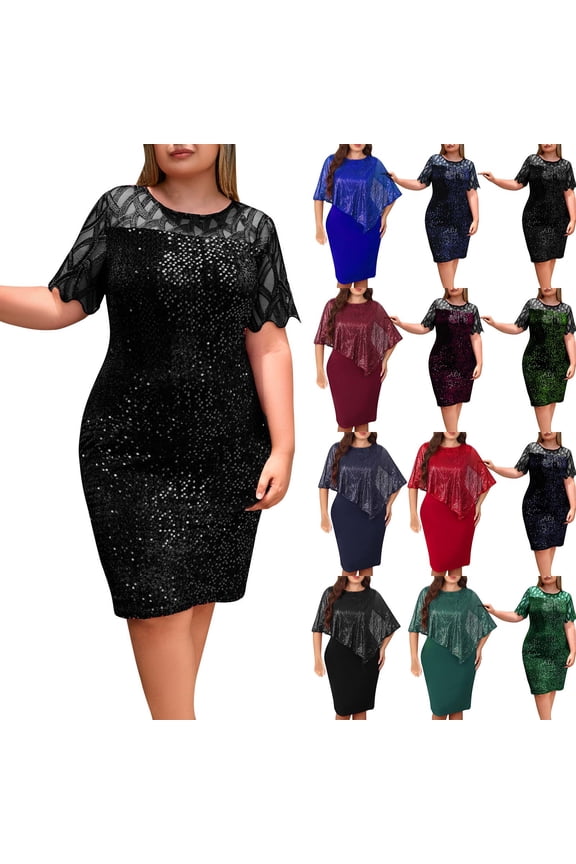 Oversized Dress for Women Short Sleeve Sparkly Sequin Wedding Guest Dresses Elegant Glitter Evening Cocktail Midi Dress, Green, XL