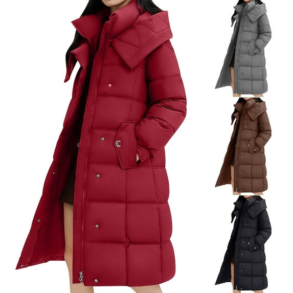 QATAINLAV Oversized Hooded Coats for Women Winter Warm Quilted Padded Down Puffer Jacket Solid Color Long Outerwear with Pockets, Brown, XXL