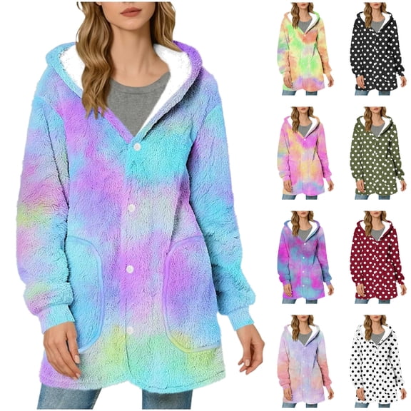 QATAINLAV Oversized Hoodies for Women Cute Fleece Mid-Long Winter Coat Tie Dye Button Down Outerwear with Pockets, Pink, XL