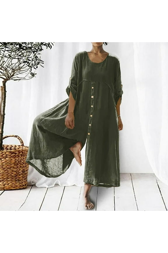 Oversized Jumpsuit for Women Loose Fit Wide Leg One Piece Pants Casual Crewneck 3/4 Sleeve Romper Solid Color Cotton Linen Overalls Army Green L