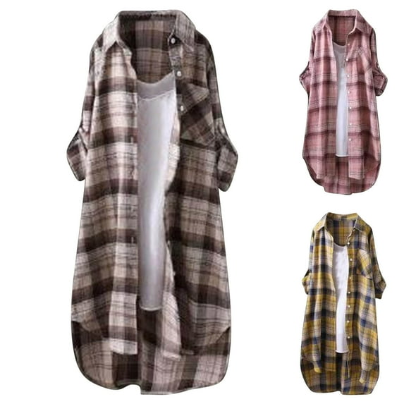 QATAINLAV Oversized Plaid Shirts for Women Casual Button Down High Low Shirt 2024 Fall Long Sleeve Blouses Tops Outdoor Loose Fit Shirt Jacket My Orders Placed by Me Khaki M