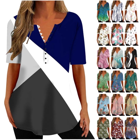QATAINLAV Oversized Tops for Women Loose Fit Hide Belly Shirts Fashion Boho Print Short Sleeve Summer Tshirts Casual V Neck Button Henley Shirts Mint Green M Lightning Sales Today