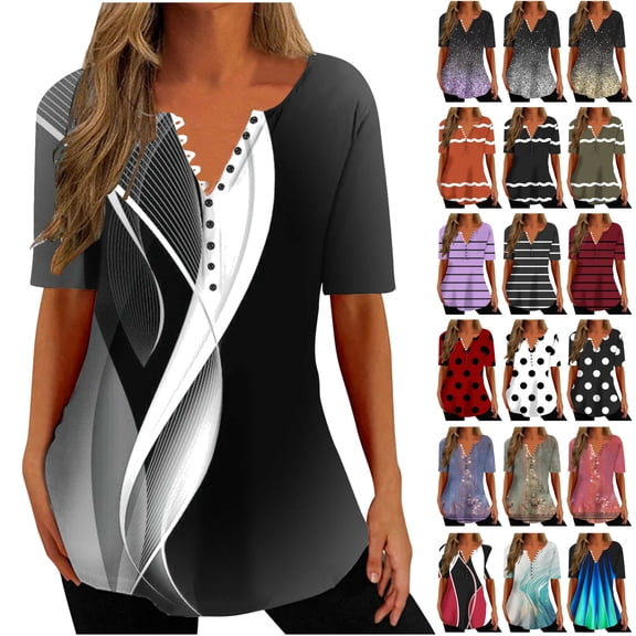 QATAINLAV Oversized Tshirts for Women Loose Fit Summer Beach Tops Solid Casual Short Sleeve Tees Shirts Casual Button V Neck Henley Shirt White XL Ofertas Flash Del Dia