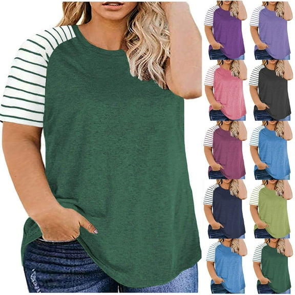 QATAINLAV Oversized Tshirts for Women Striped Short Sleeve Cotton Basic Tees Tops Loose Casual Crew Neck Blouses Tunics, Navy, XL