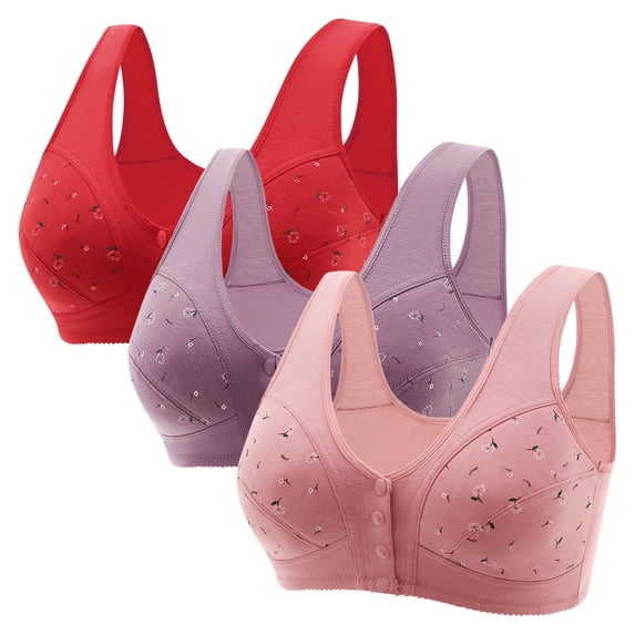 QATAINLAV Pack of 3 Daisy Bras for Older Women, Daisy Bra for Seniors, Front Closure Comfortable Bra for Seniors Comfort Cotton No Wire Underwear Best Sales Today Multicolor 3XL