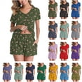 thumbnail image 1 of QATAINLAV Pajama Sets for Women Casual V Neck Short Sleeve T Shirts and Shorts 2 Piece Matching Set Fashion Printed Fall Outfits, Khaki, XL, 1 of 9