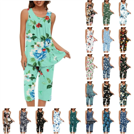 QATAINLAV Pajamas Set for Women Sleeveless Tank Tops and Capri Pants Pjs Sets Casual Pleated Round Neck Shirt Capris Sleepwear 2 Piece Outfits Navy XL
