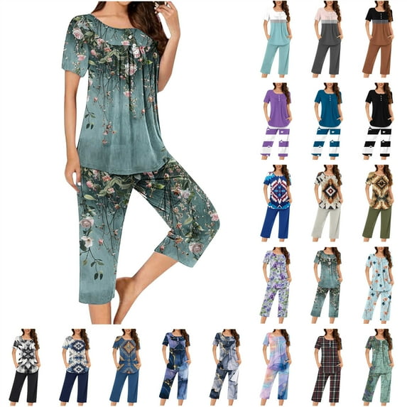 QATAINLAV Gifts for Mom! 2 Piece Sets for Women, Pleated Short Sleeve Shirts and Capri Pants Lounge Set Ladies Casual Button Nightwear Tops Cropped Trousers Sleepwear Suits Multicolor M