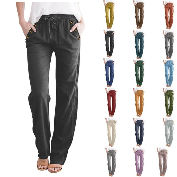QATAINLAV Palazzo Pants for Women 2024 Summer Linen Wide Leg Pants Casual Drawstring Solid Trousers Baggy Comfy Elastic Waist Long Pants with Pockets Ofertas Flash Del Dia Light Blue XL