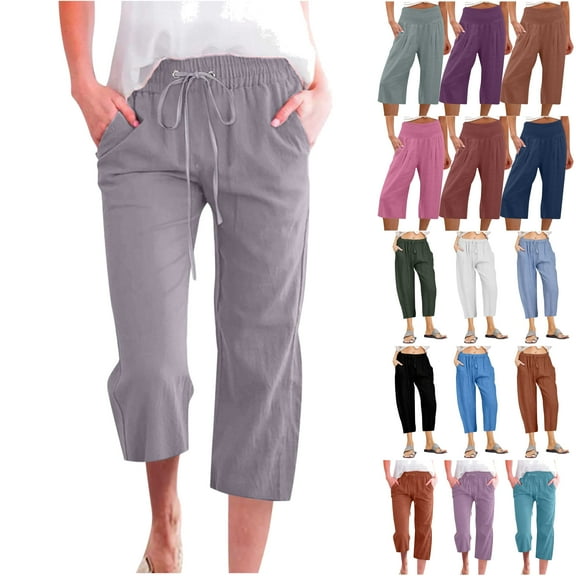 QATAINLAV Pant for Women Casual Drawstring Straight Leg Capris Solid Color Cotton Linen Cropped Trousers Loose Fit Lounge Pants with Pockets Prime Sales of The Day Mint Green XXL