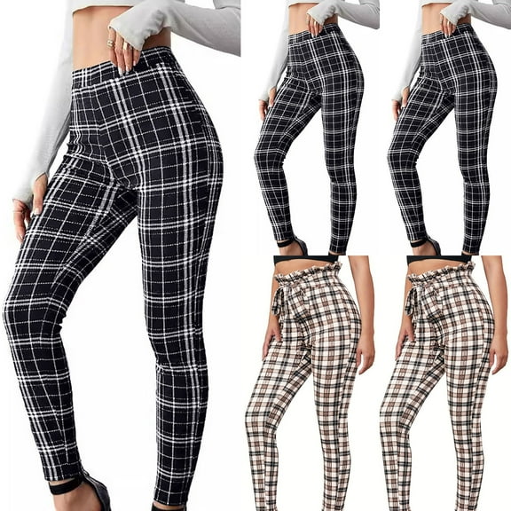 QATAINLAV Pants for Women Fashion Plaid Print Yoga Pant Summer Casual High Waist Trousers Comfortable Belt Tight Ruffle Long Pants Khaki XXL