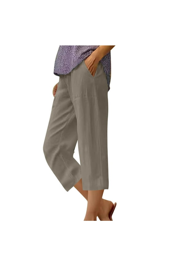 Pants for Women Lightweight Linen Cropped Pants Solid Color Straight Leg Going Out Capris Summer Casual Elastic Waist Capri Beach Pant with Pockets Gray XL