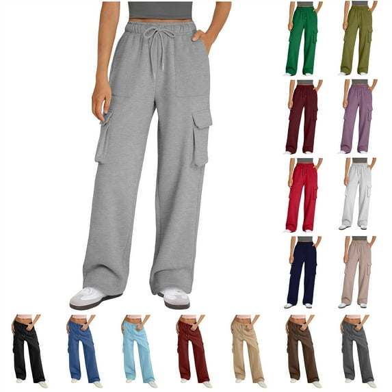 QATAINLAV Pants for Women Baggy Wide Leg Multi Pockets Cargo Sweatpants Casual Drawstring High Waisted Joggers Yoga Pant, Wine, S