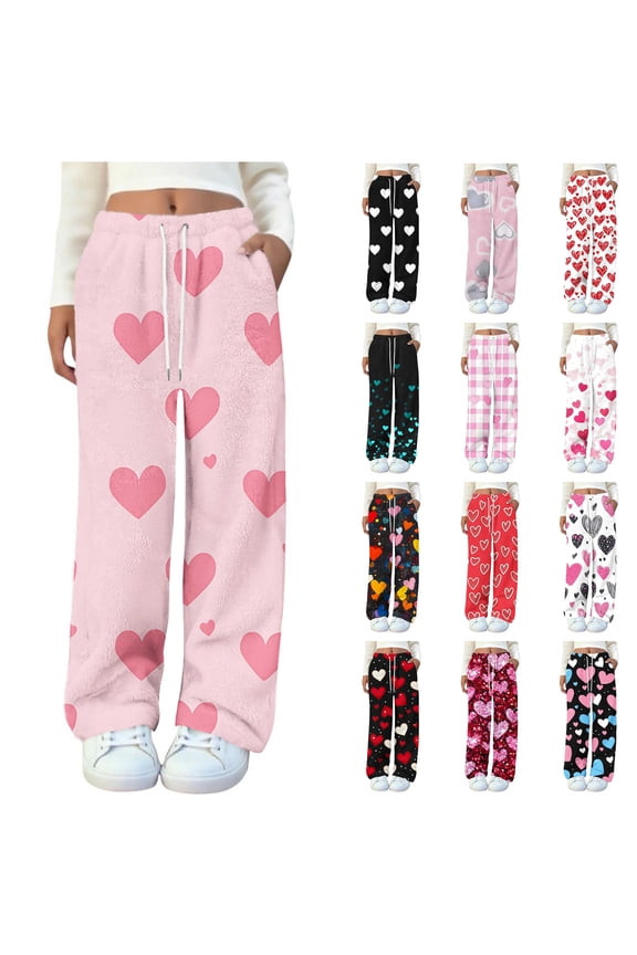 Pants for Women Fuzzy Fleece Elastic Drawstring Waist Pajama Trousers Heart Graphic Flannel Loungewear with Pockets, Pink, XXL