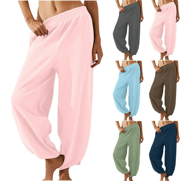 Qatainlav Petal Leg Pants for Women 2024 Fall Loose Fit Sweatpants Solid Color Elastic Waist Lounge Trousers with Pockets Best Deals Today Brown M