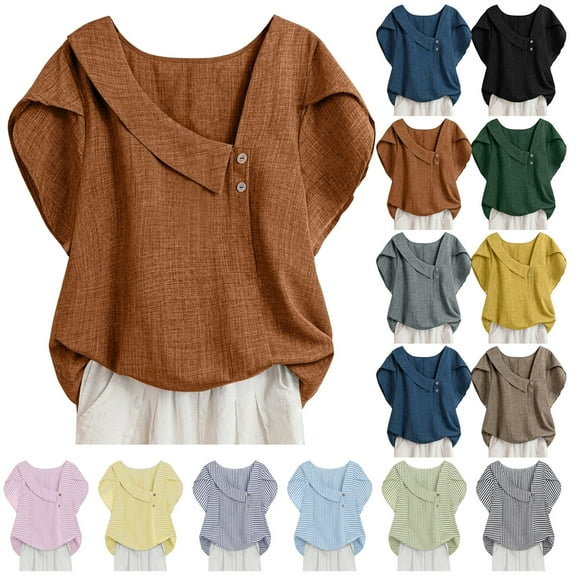 QATAINLAV Petal Sleeve Cotton Linen Shirts for Women Loose Skew V Neck Button Blouses Summer Casual Dressy Tunic Tops Black XXL