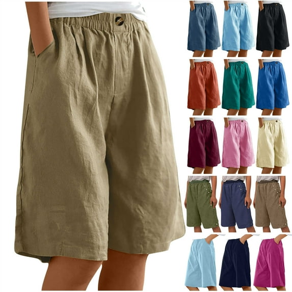 QATAINLAV Petite Capris for Short Women, Women's Cotton Linen Bermuda Shorts Summer Casual Elastic High Waisted Knee Length Loose Beach Shorts with Pockets Prime Sales Today Green XXL