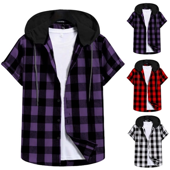 QATAINLAV Plaid Hoodies for Men Casual Button Down Short Sleeve Shirt Drawstring Hooded Going Out Tops White M