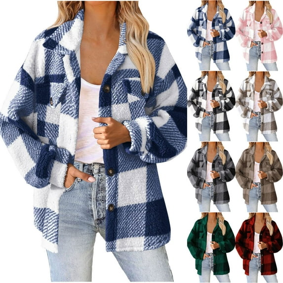 QATAINLAV Plaid Jacket for Women Long Sleeve Button Down Fleece Shirt Jackets Fall Winter Flannel Shacket with Pockets, Black, XXL