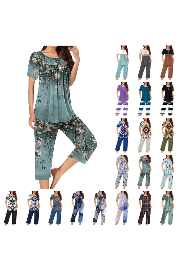 Plaid Pajama 2 Piece Outfits for Women Summer Casual Button Pleated V Neck Short Sleeve Tshirts Matching Capris Sleepwear Lounge Set Wine M