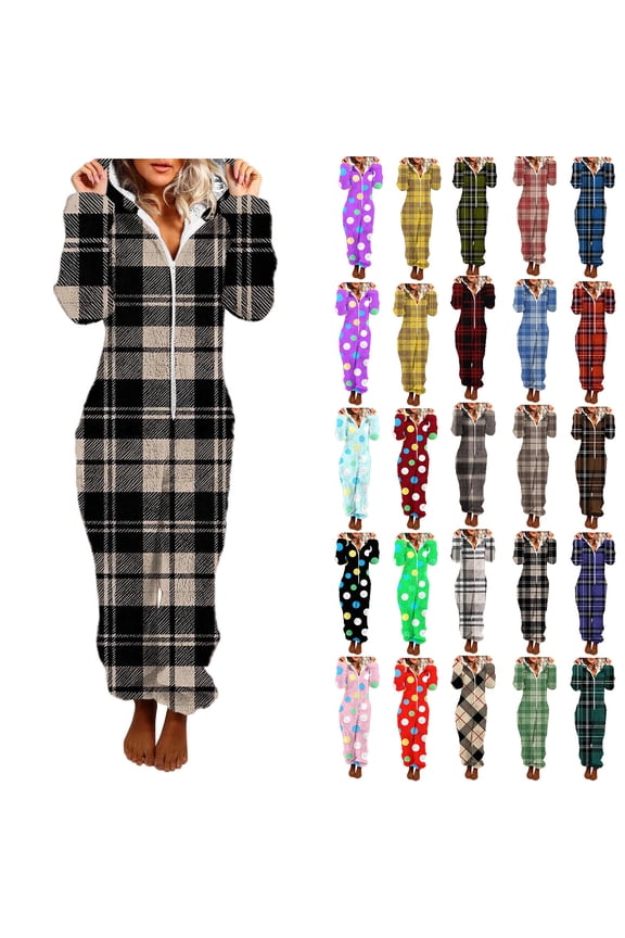 Plaid Pajamas for Women Fleece Fuzzy Sherpa Hooded One Piece Jumpsuits Long Sleeve Hooded Sleepwear, Blue, S