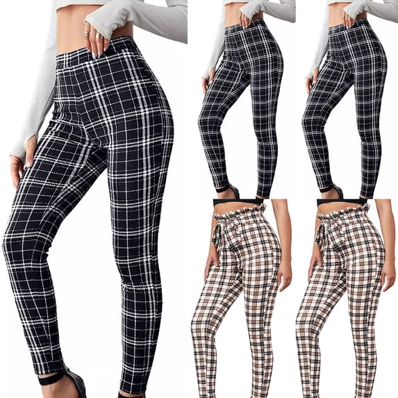 QATAINLAV Plaid Pants for Women High Waisted Slim Workout Yoga Pant Summer Casual Comfy Trousers Stretchy Skinny Workout Leggings Prime Sales Today Black XXL